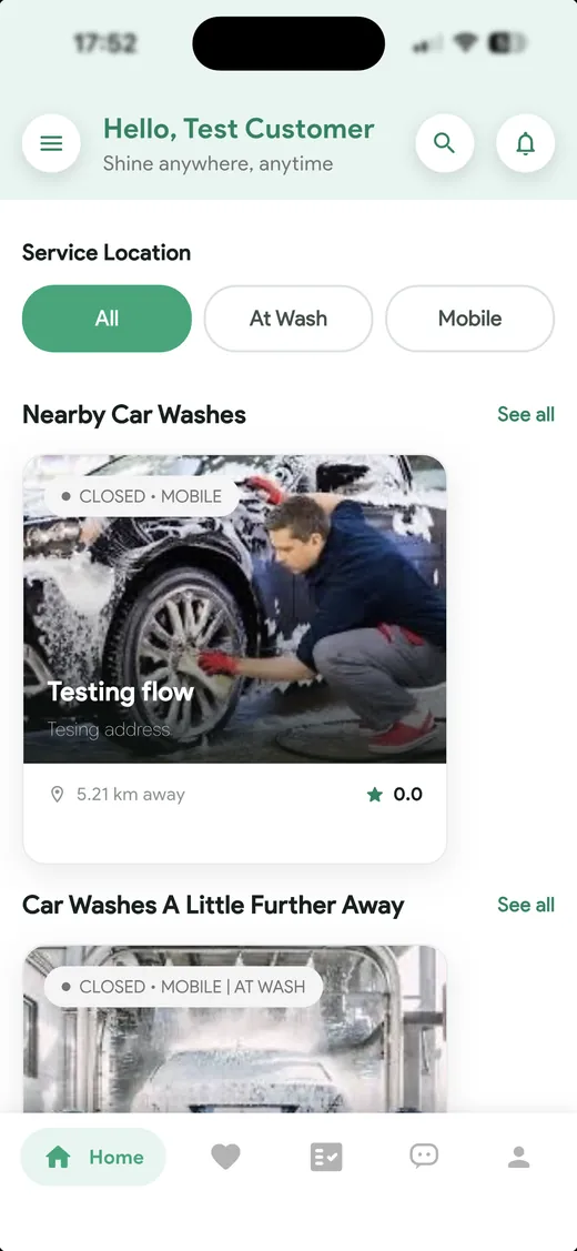 The Klin Wheels app showing nearby car washes